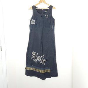 Solola Navy Blue Cotton Floral Embroidered Details Zipper Back Sleeveless Dress